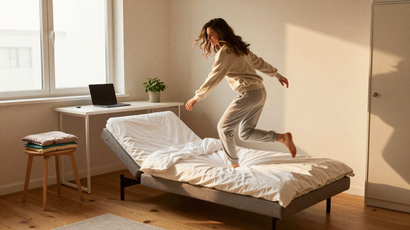 Mulher pulando na cama em quarto iluminado com laptop sobre mesa e planta ao fundo.