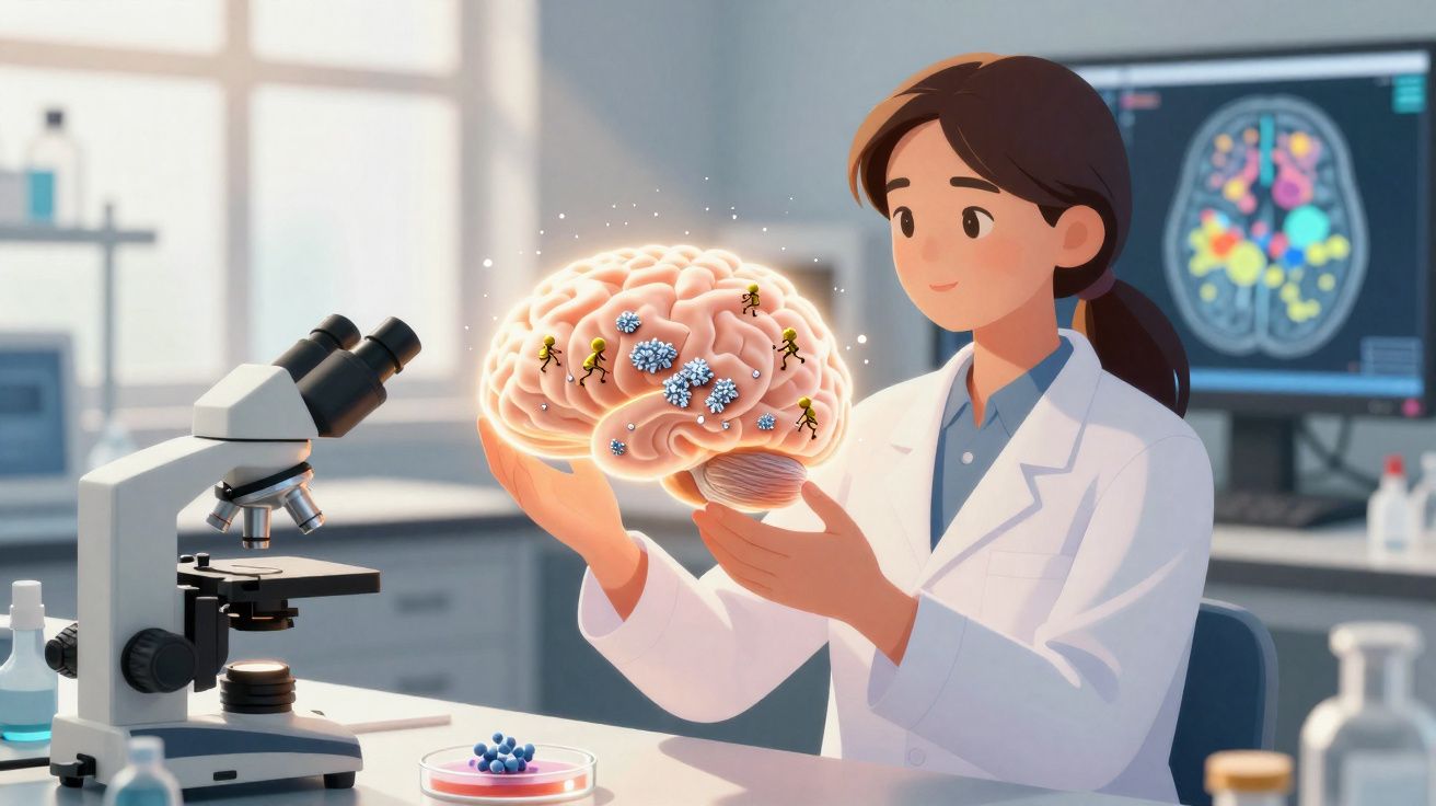 Pesquisadora com jaleco segura cérebro holográfico infectado por vírus, ao lado de microscópio em laboratório.