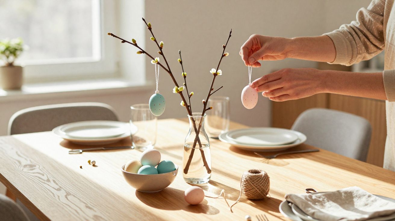 Pessoa pendurando ovo decorativo em galho com ovos coloridos sobre mesa de madeira iluminada por luz natural.