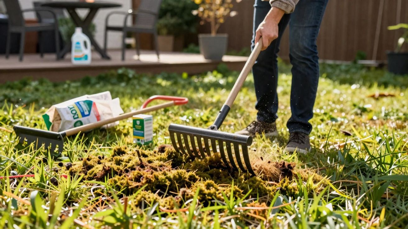 Pessoa usando ancinho para cuidar do gramado em jardim residencial ensolarado.