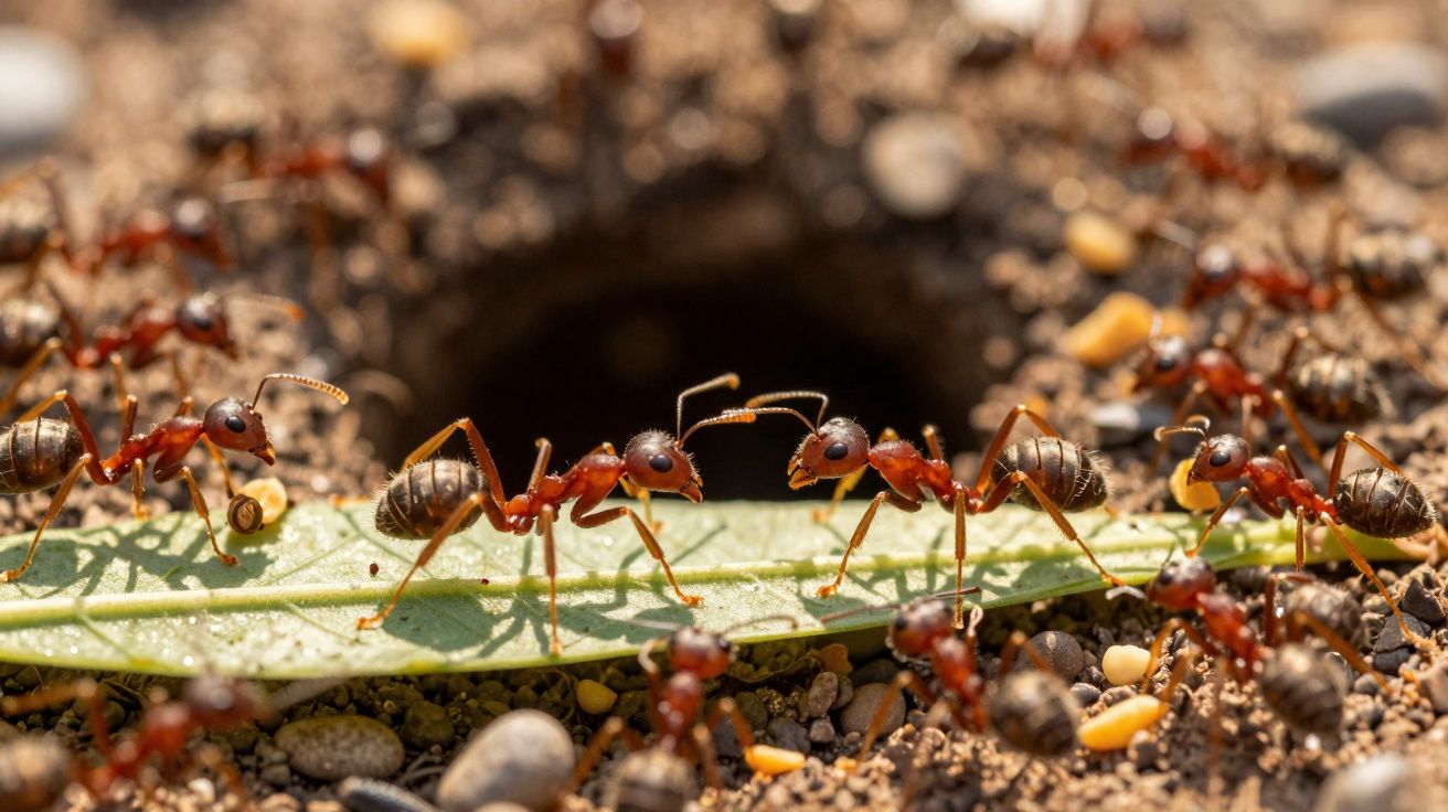 Formigas carregando uma folha em direção à entrada do formigueiro com terra e pequenos grãos ao redor.