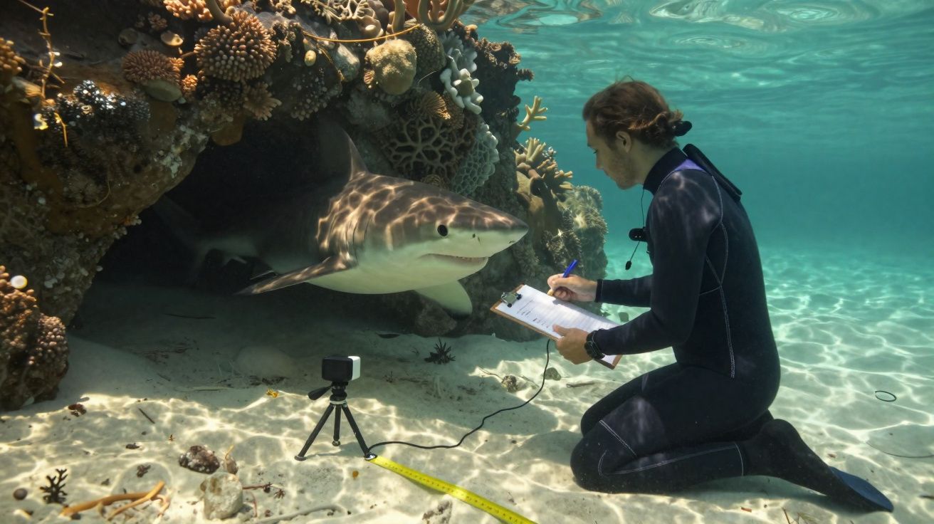 Mergulhador registra dados perto de tubarão sob recife de corais em água cristalina.