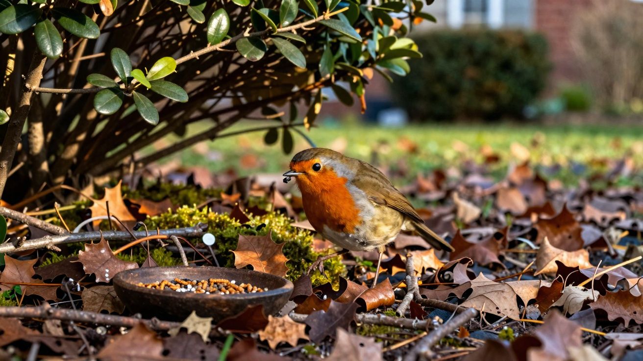 Pássaro com peito laranja próximo a um comedouro no chão coberto por folhas secas e galhos.