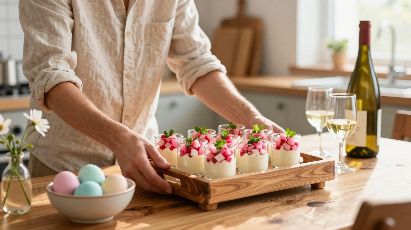 Pessoa segurando bandeja de madeira com copos de sobremesa decorados com cubos de frutas e folhas verdes.