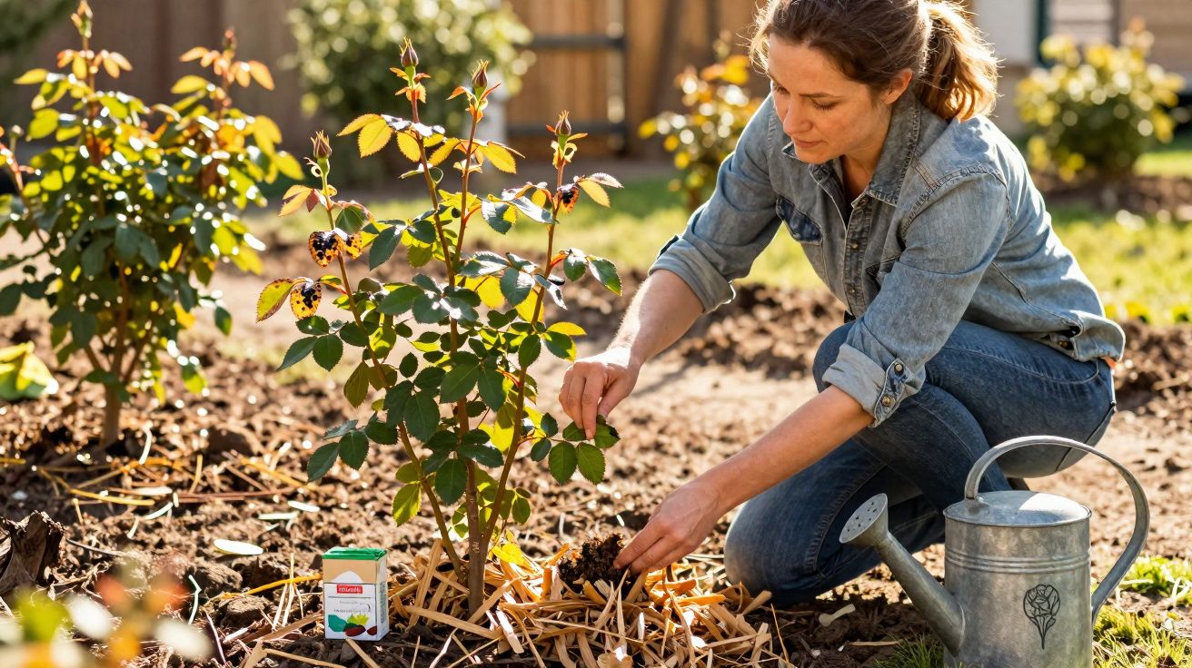 Mulher cuidando de roseira em jardim, protegendo planta com cobertura de palha e regador ao lado.