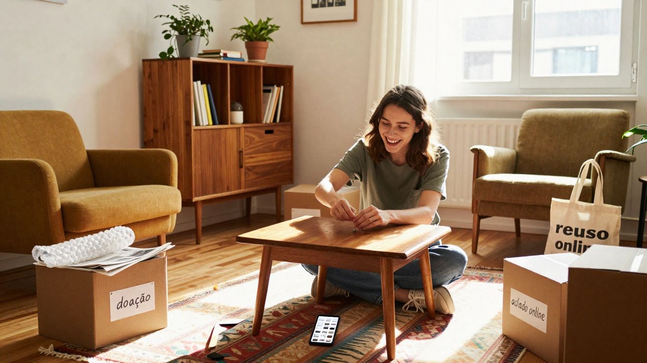 Mulher sentada no chão ao redor de mesa baixa, roupas em caixas de doação e reaproveitamento em sala iluminada.