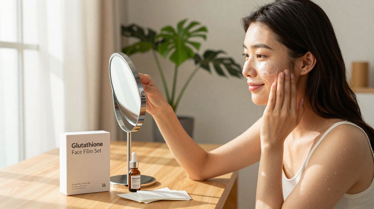 Mulher aplicando creme no rosto sentada à mesa com espelho e produtos de cuidados faciais.