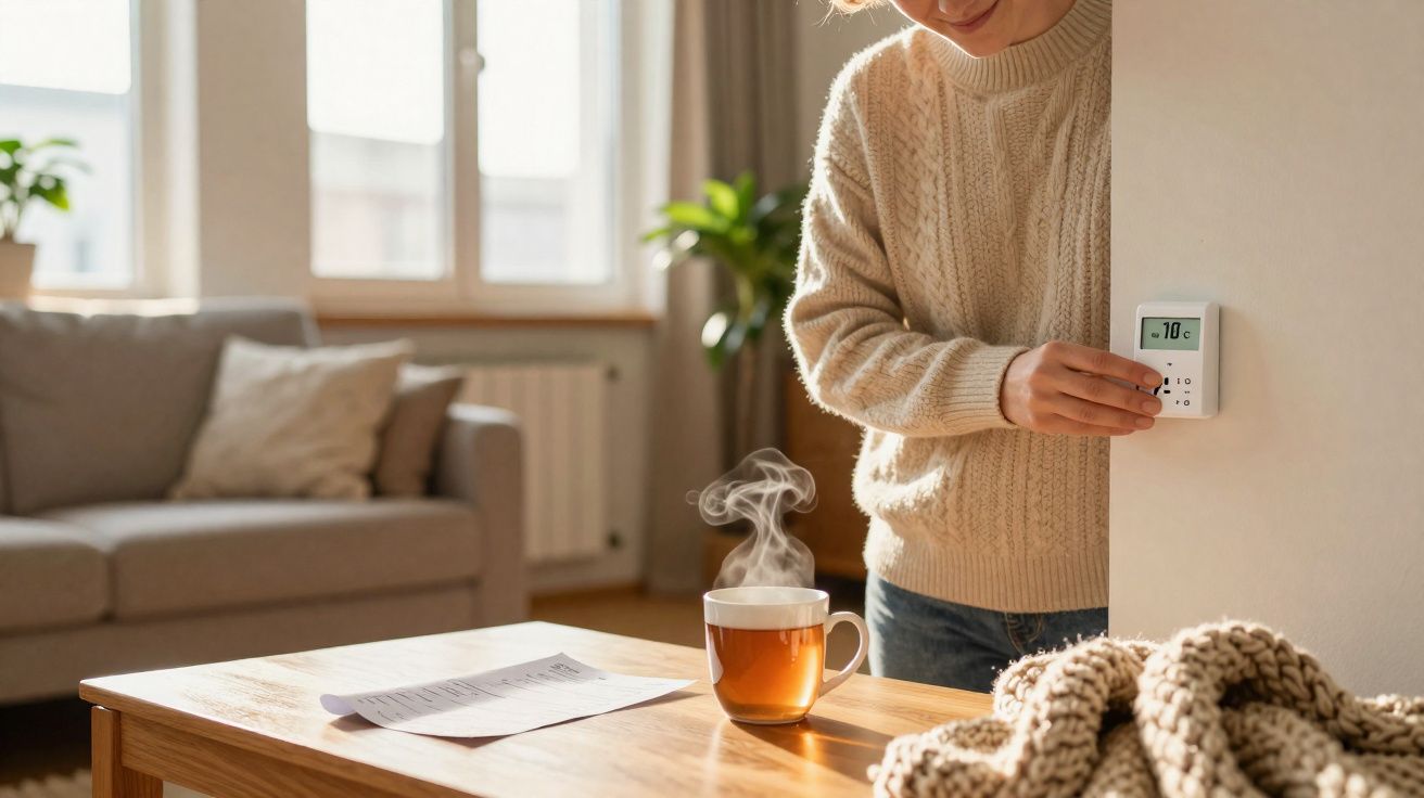 Pessoa ajustando termostato em ambiente aconchegante com chá quente e manta de tricô sobre mesa de madeira.