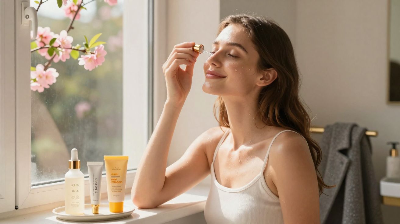 Mulher aplicando sérum facial perto da janela com flores e produtos de skincare sobre o balcão.