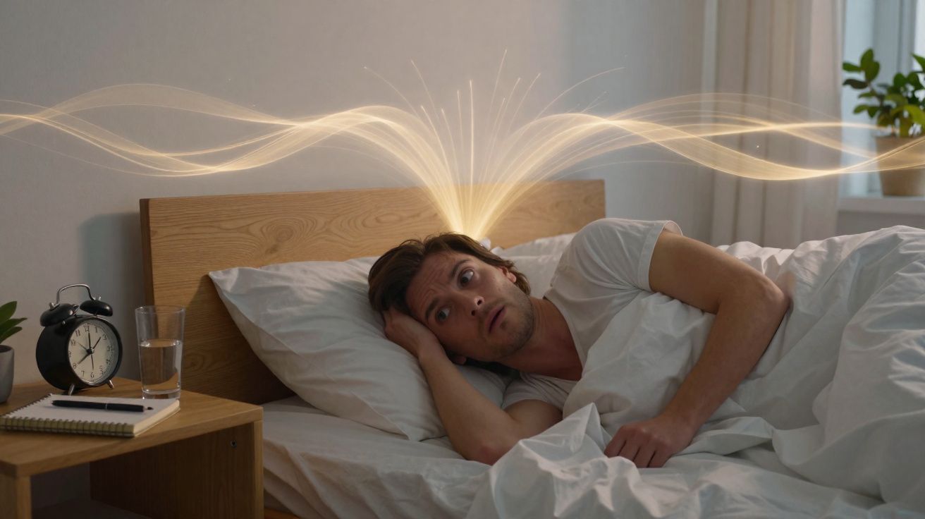 Homem deitado na cama acordado à noite com expressão preocupada e ondas de luz saindo da cabeça.
