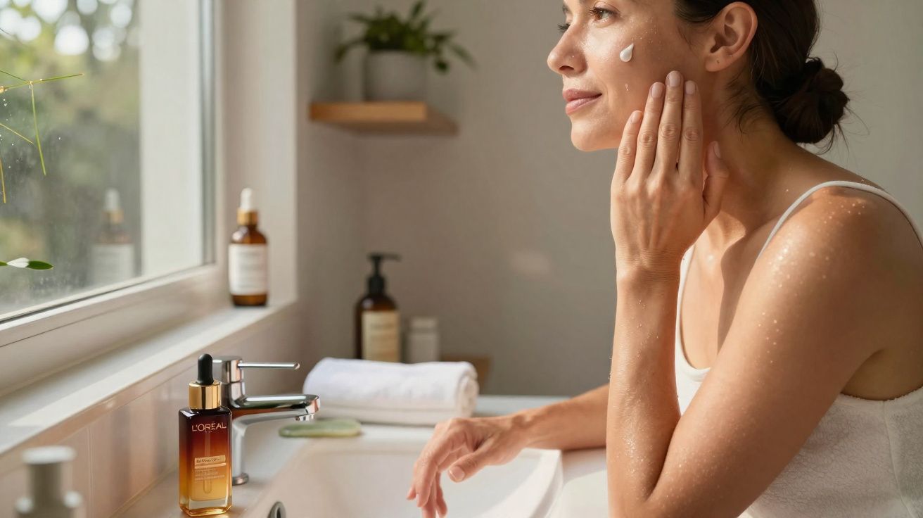 Mulher aplicando creme no rosto em banheiro bem iluminado com frascos de cosméticos no balcão.