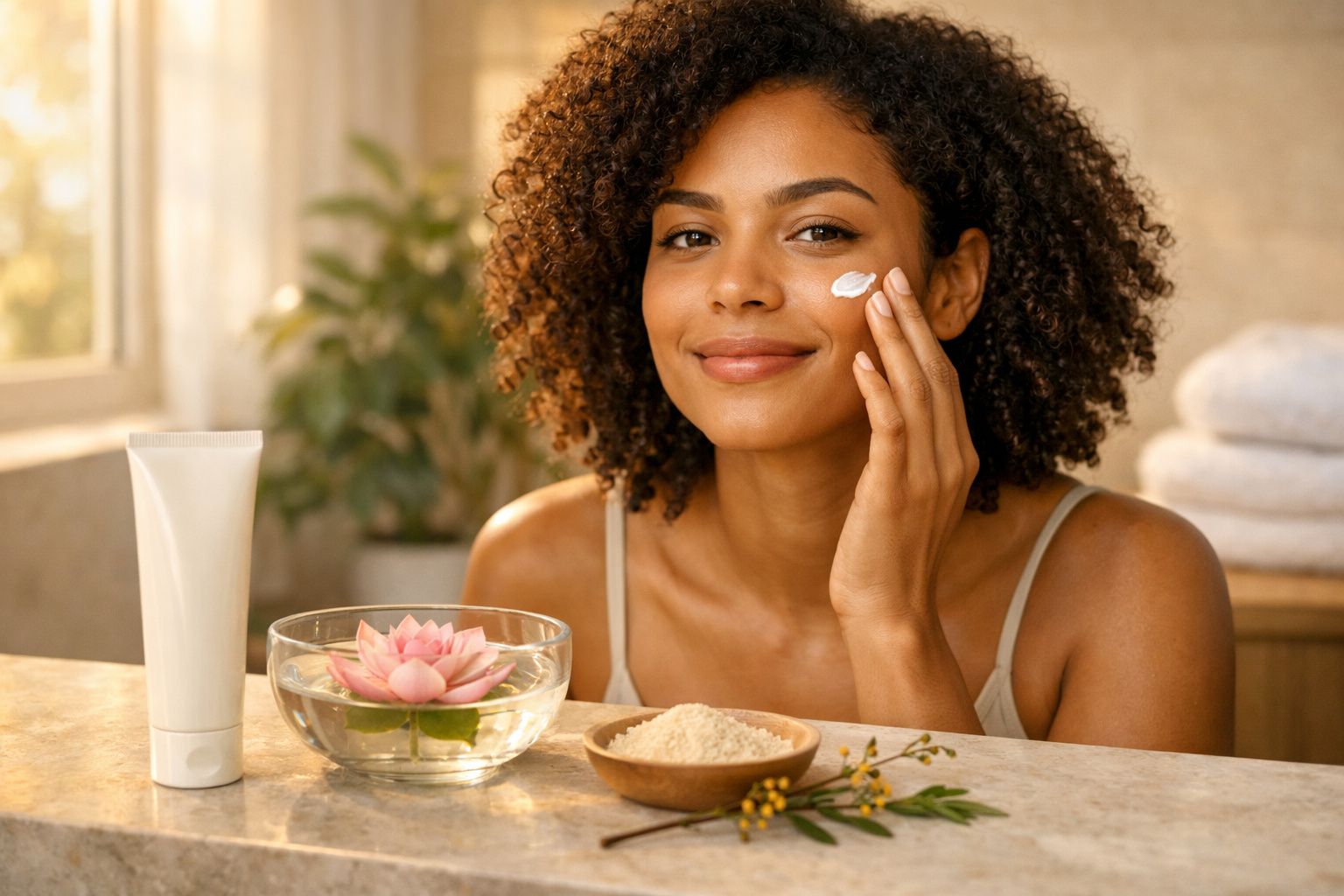 Mulher aplicando creme no rosto, com produtos de skincare e flor em tigela sobre mesa iluminada.