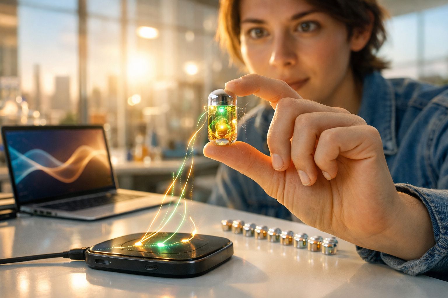 Pessoa segurando uma cápsula luminosa sobre dispositivo eletrônico, com laptop ao fundo em ambiente iluminado.
