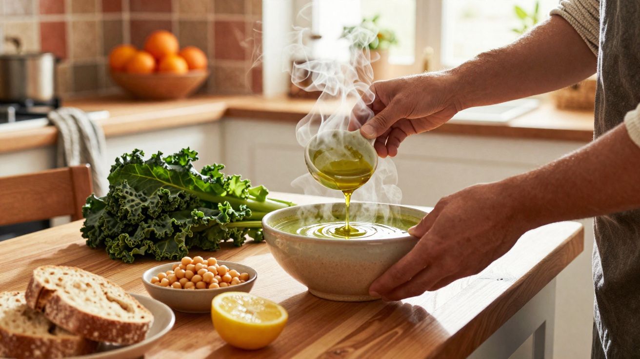 Pessoa despejando azeite em sopa verde quente em cozinha com ingredientes frescos sobre mesa de madeira.
