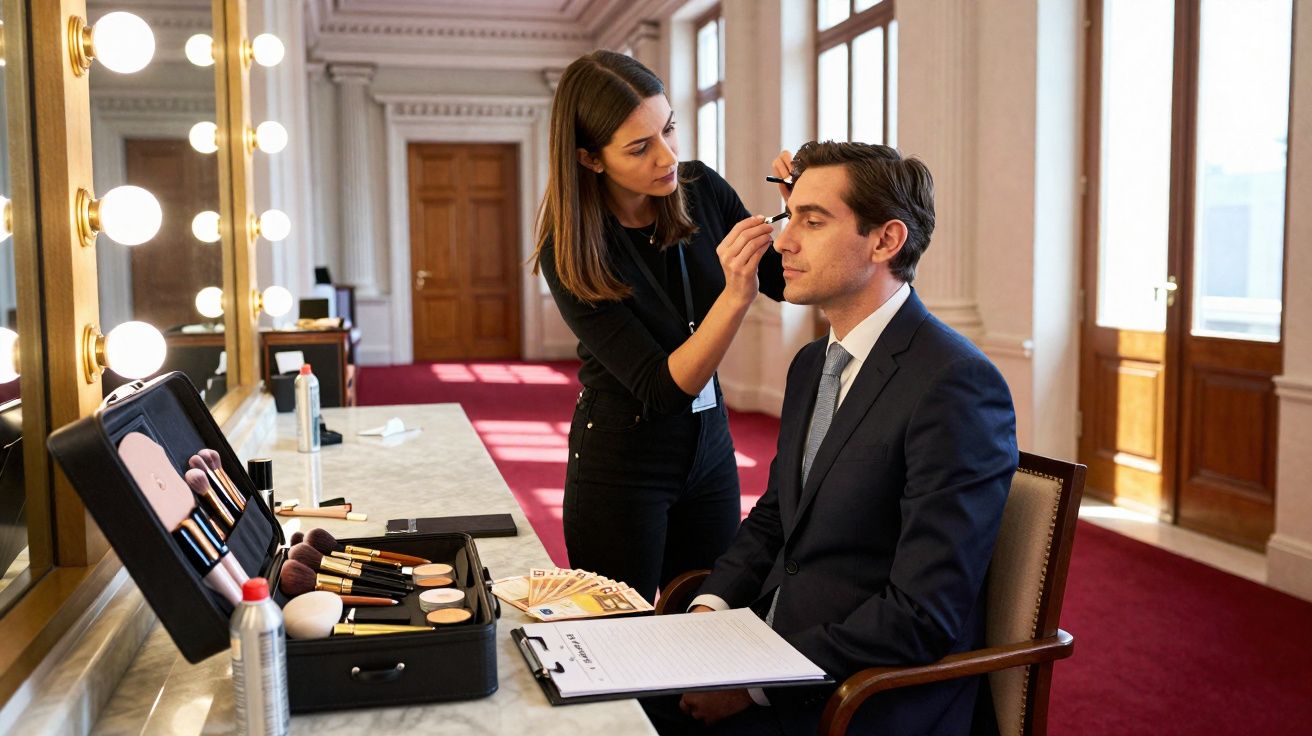 Mulher maquiadora aplica maquiagem em homem de terno sentado em sala elegante com espelho iluminado.