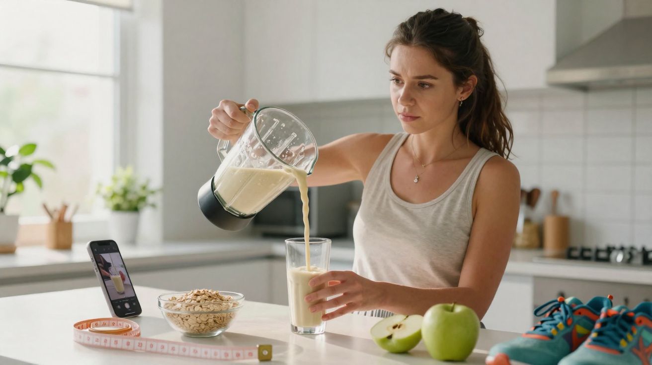 Mulher despejando vitamina no copo em cozinha, perto de maçã, aveia, tênis e fita métrica.