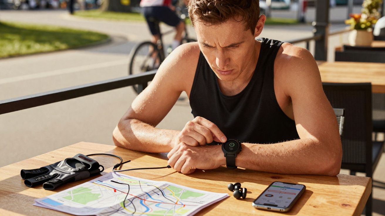 Homem vestido com regata preta consulta relógio inteligente em mesa com mapa, smartphone e luvas de ciclismo.