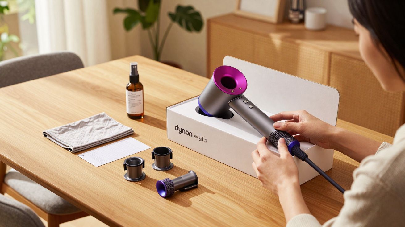 Pessoa segurando secador de cabelo Dyson sobre caixa, com acessórios e frasco sobre mesa de madeira clara.