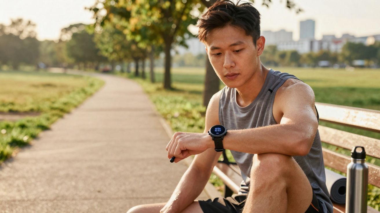 Homem sentado em banco de parque olhando relógio esportivo, com toalha e garrafa ao lado.