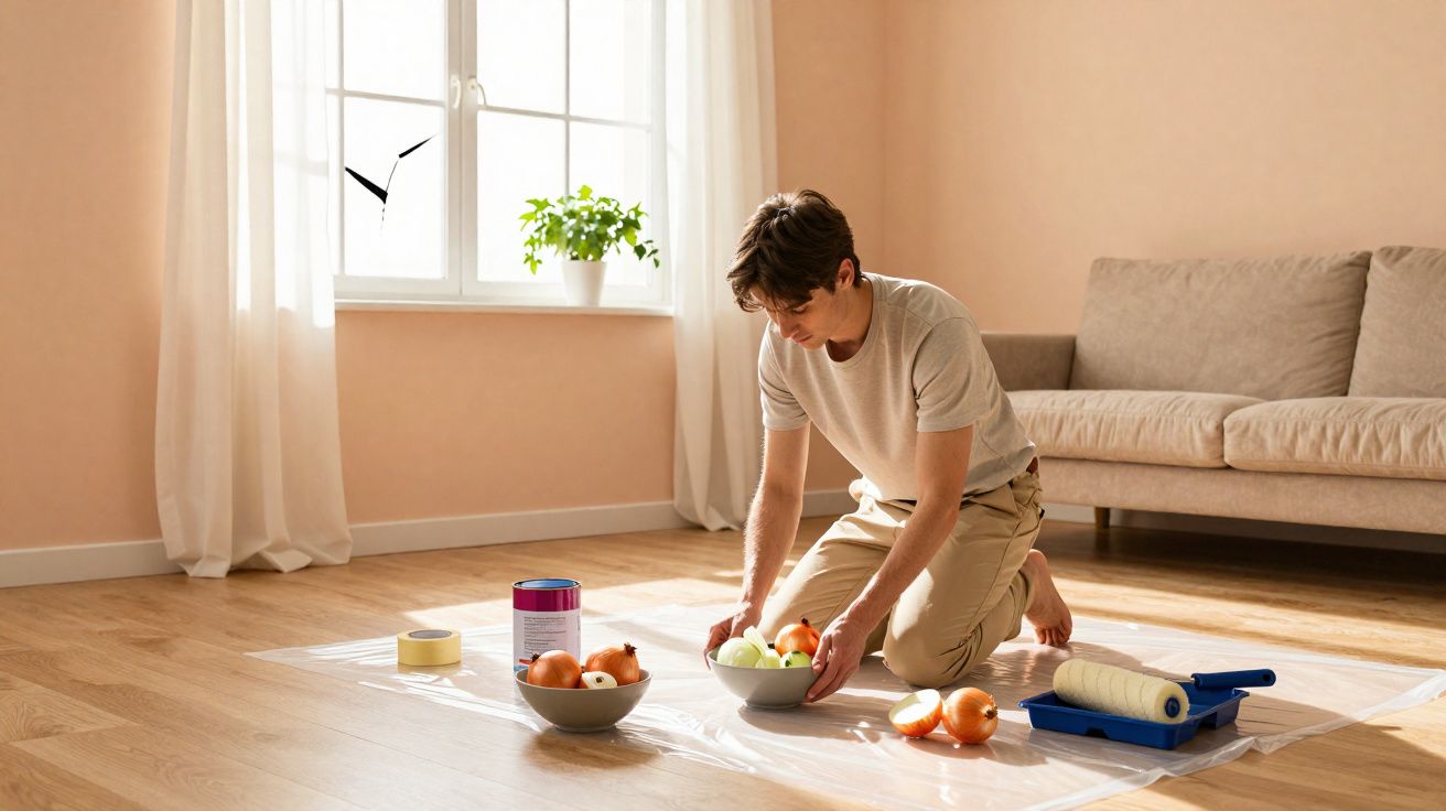 Jovem ajoelhado no chão de sala organizando tigelas com cebolas perto de materiais de pintura.