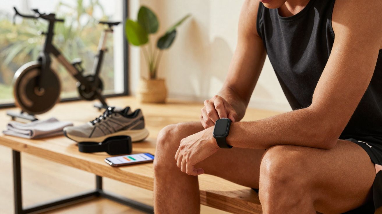 Homem sentado em banco de madeira conferindo relógio inteligente, com tênis, celular e bicicleta ergométrica ao fundo.