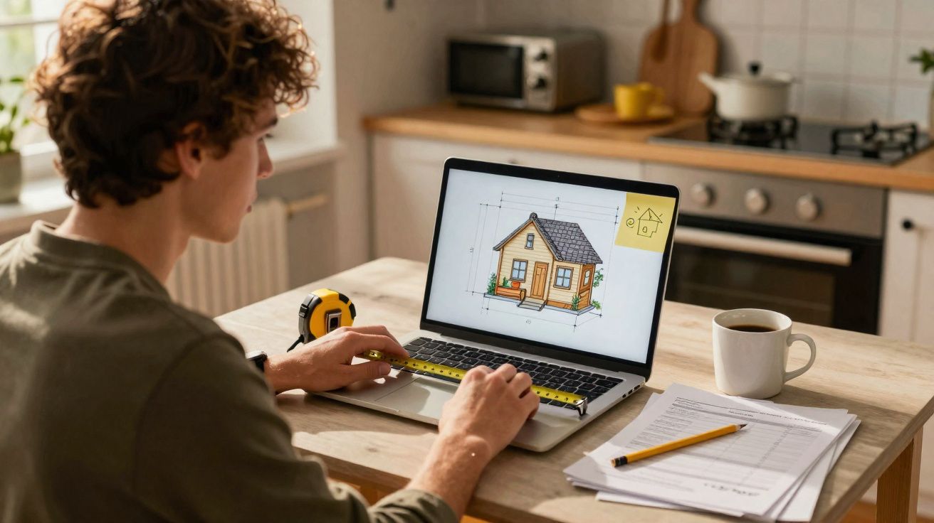 Pessoa medindo com fita métrica desenho de casa no laptop enquanto trabalha em mesa de cozinha.