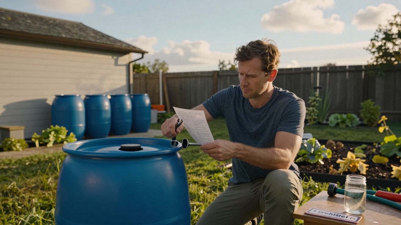 Homem lendo instruções ao lado de tambor azul no jardim durante o dia ensolarado.