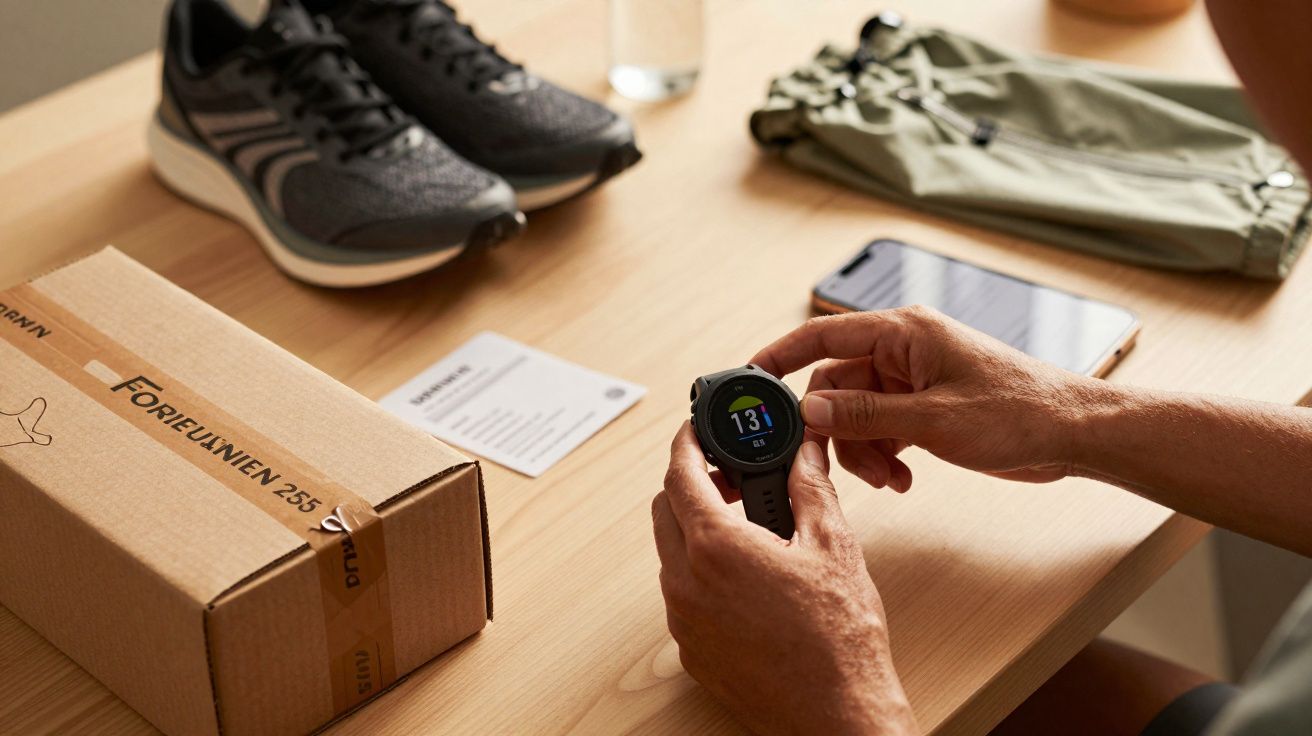 Mãos segurando relógio esportivo em mesa com tênis, caixa, roupa e smartphone ao fundo.