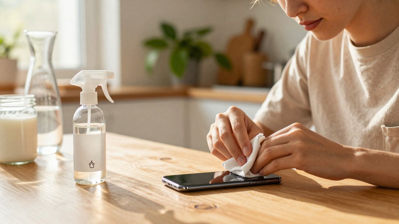 Pessoa limpando a tela do celular com pano em mesa de madeira, ao lado de frascos transparentes.