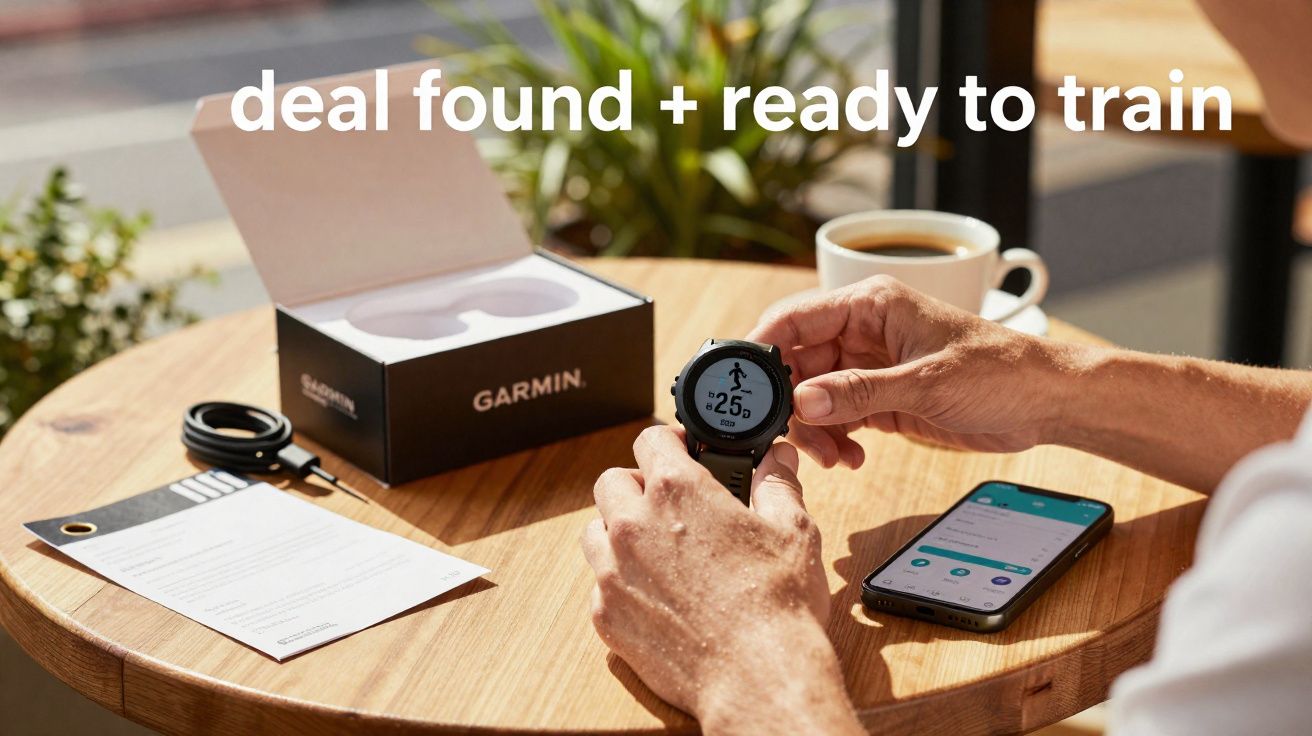 Pessoa ajustando relógio Garmin esportivo numa mesa com caixa, smartphone e café ao fundo.