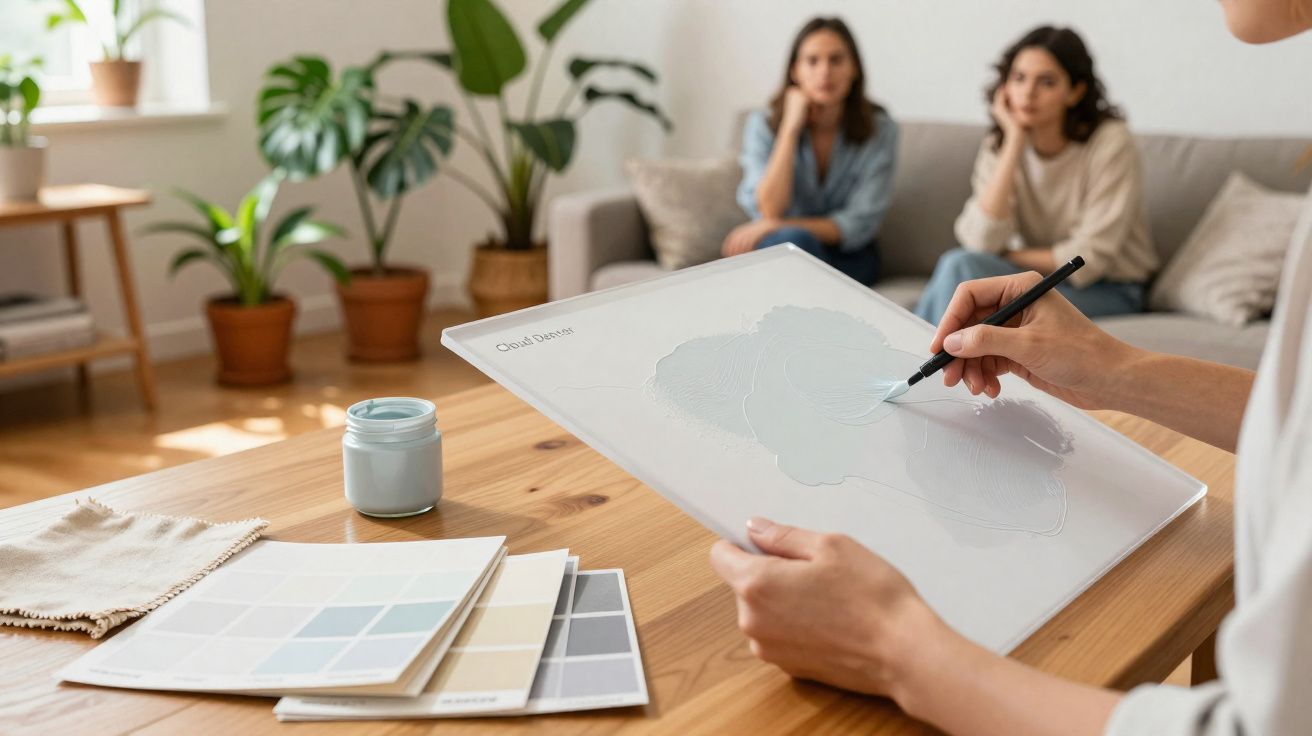 Pessoa segurando paleta de cores e amostras de tinta para reforma, enquanto duas mulheres observam ao fundo.