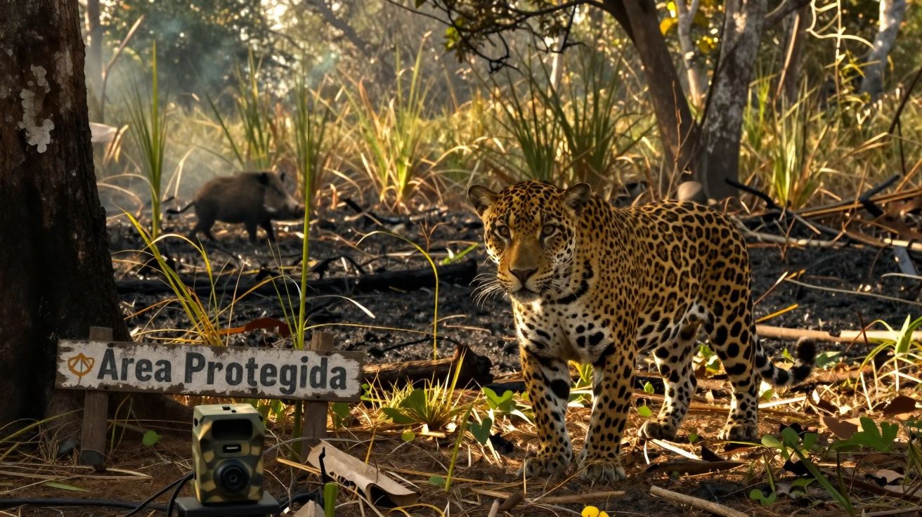 Onça-pintada em área protegida com javali ao fundo e câmera de monitoramento na floresta.