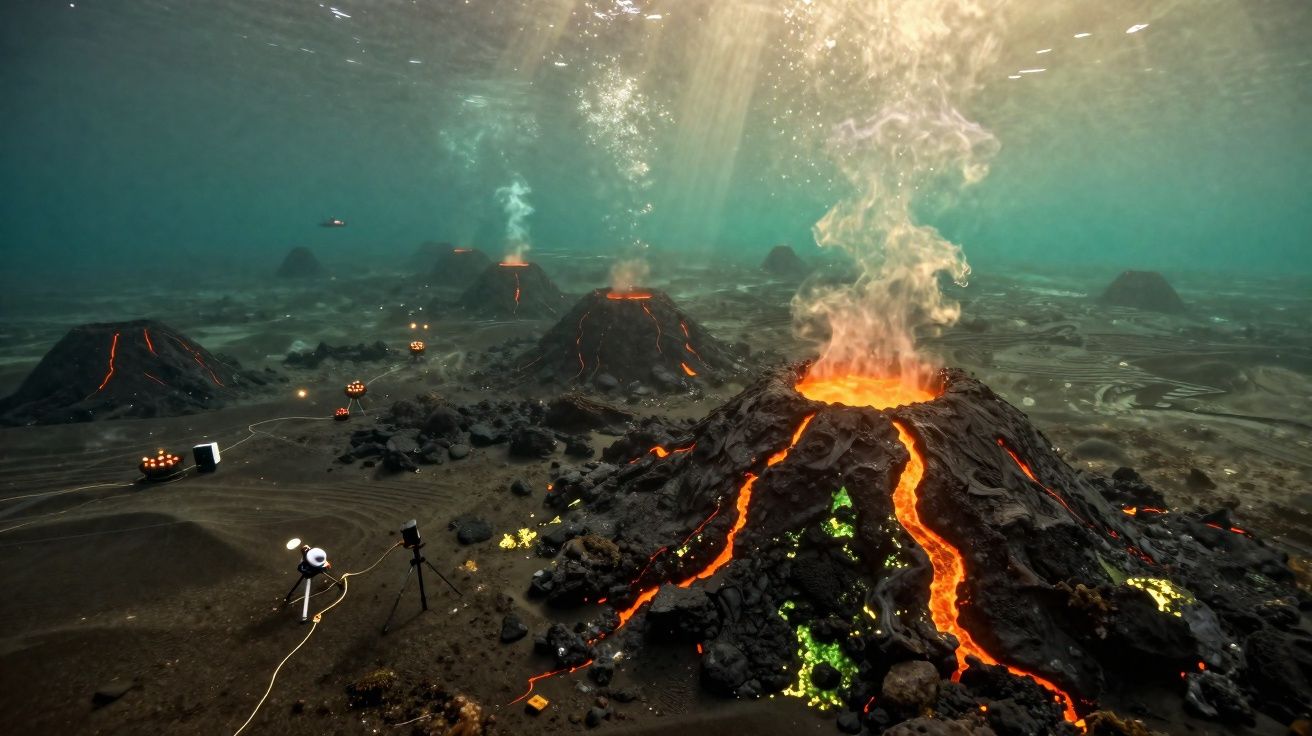 Vários vulcões subaquáticos ativos com lava incandescente e fumaça sob a água iluminada pela luz do sol.