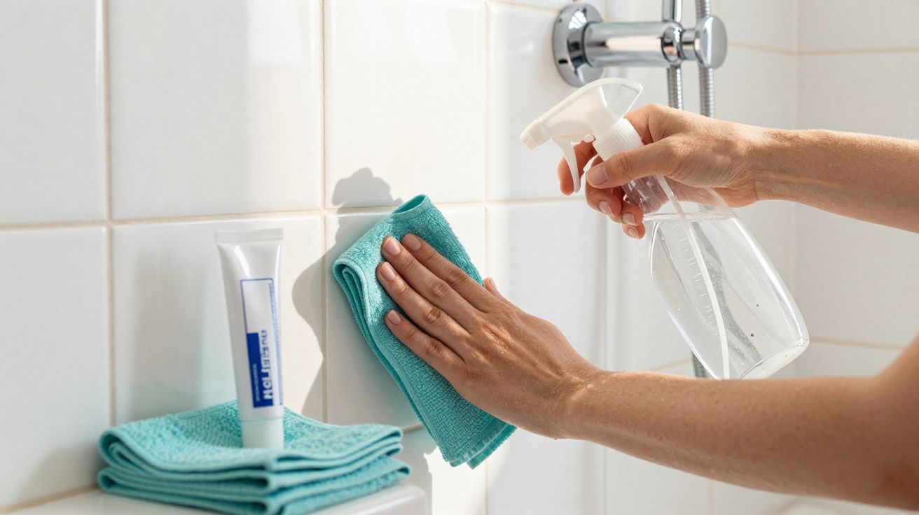 Pessoa limpando azulejos brancos de banheiro com spray e pano azul turquesa.