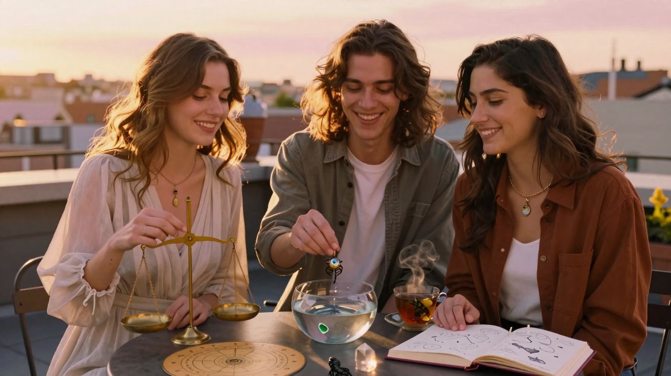 Três jovens sorrindo em mesa ao ar livre com objeto místico, chaleira, livro e balança dourada ao pôr do sol.