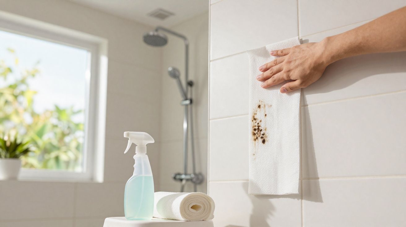 Mão segurando papel toalha para limpar mancha escura em azulejo branco de banheiro com spray e toalha ao fundo.