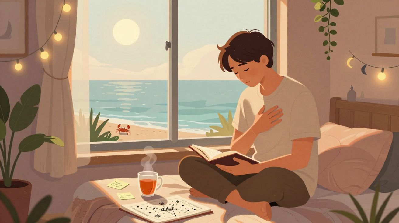 Jovem lê livro sentado na cama, com vista para o mar ao pôr do sol e xícara de chá fumegante.