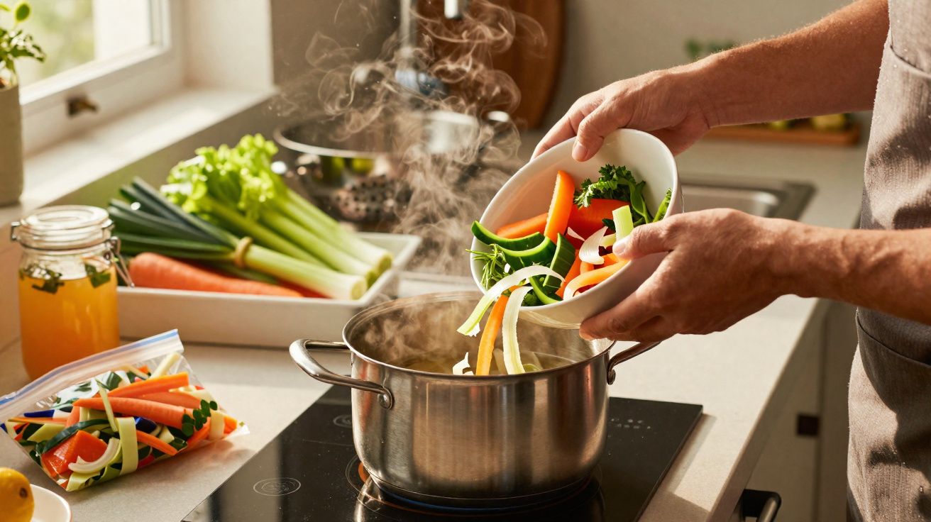 Pessoa despejando legumes frescos em panela com vapor sobre fogão elétrico na cozinha.