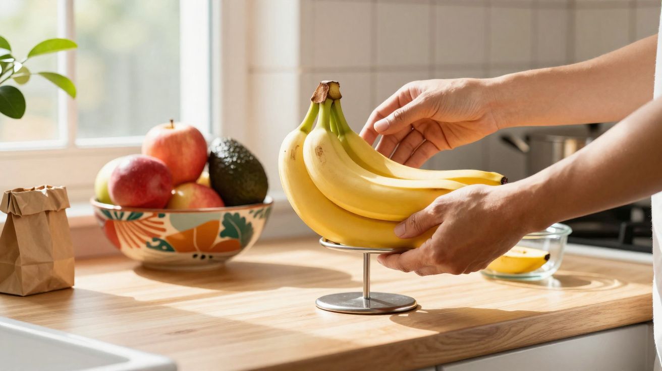 Mãos segurando cacho de bananas em suporte metálico na bancada de cozinha com frutas ao fundo.