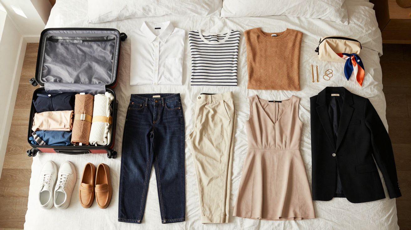 Mala aberta com roupas femininas organizadas sobre cama: sapatos, jeans, camisas, vestido, blazer, acessórios e toalhas.