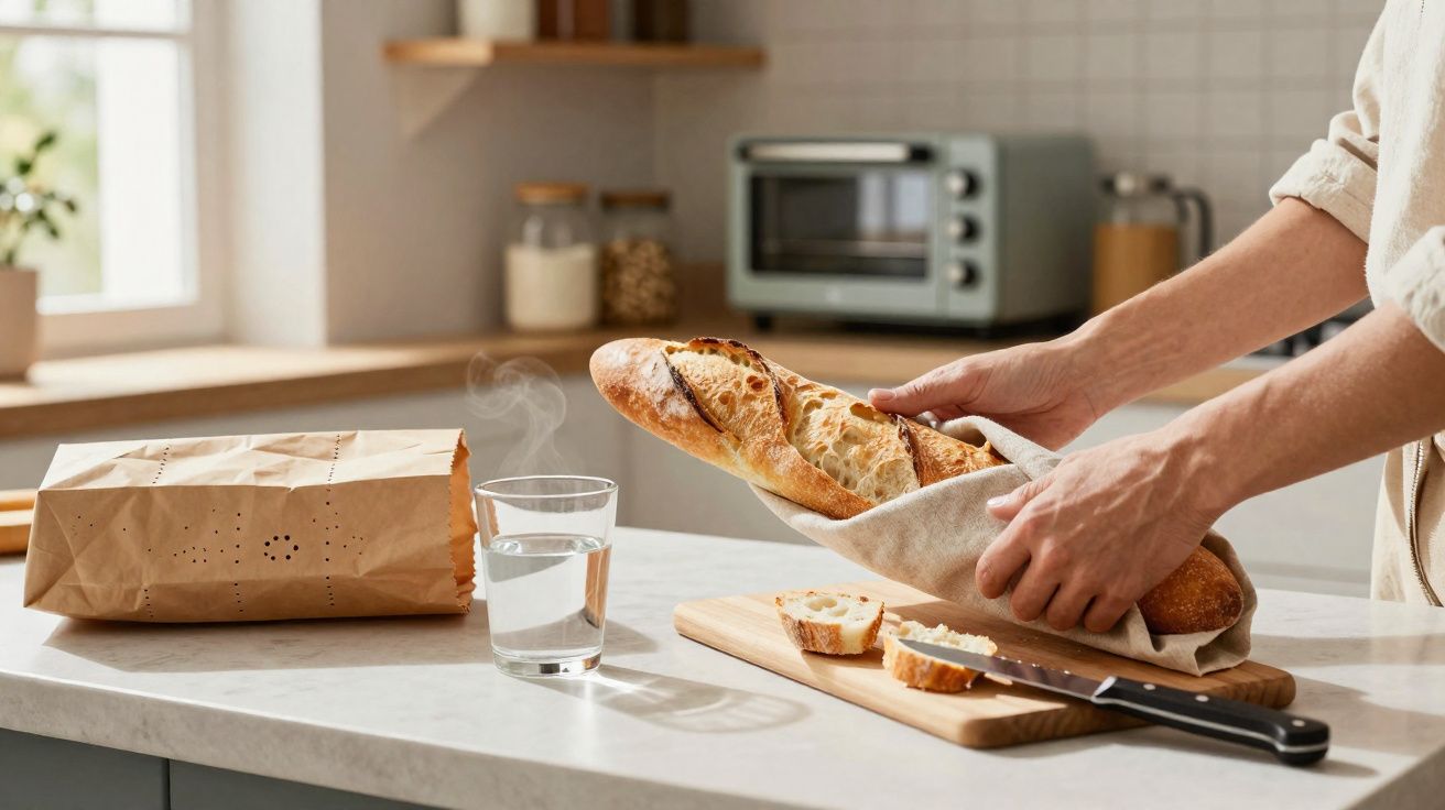 Pessoa segurando pão francês fresco na cozinha com copo de água e faca sobre bancada clara.