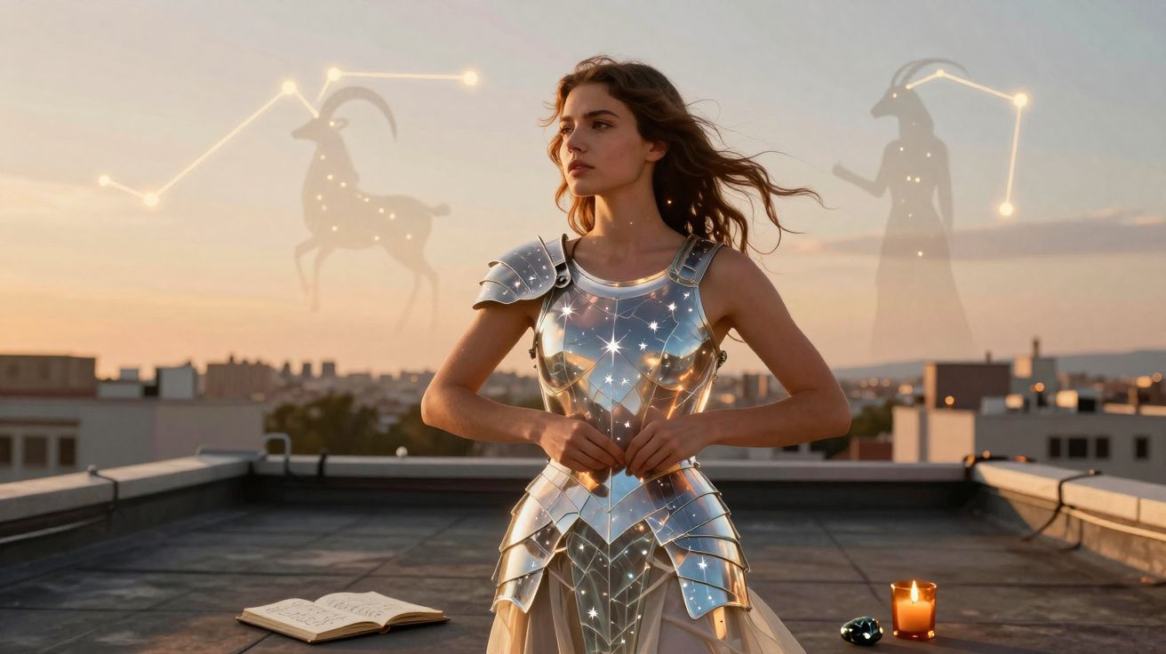 Jovem com armadura brilhante em telhado ao pôr do sol, sinalizada por constelações de Capricórnio e Virgem.
