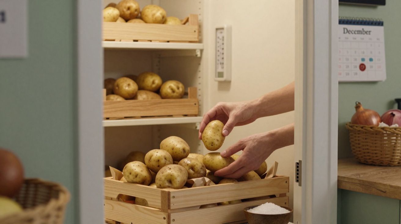 Caixas de madeira com batatas sendo organizadas por duas mãos em despensa doméstica clara.