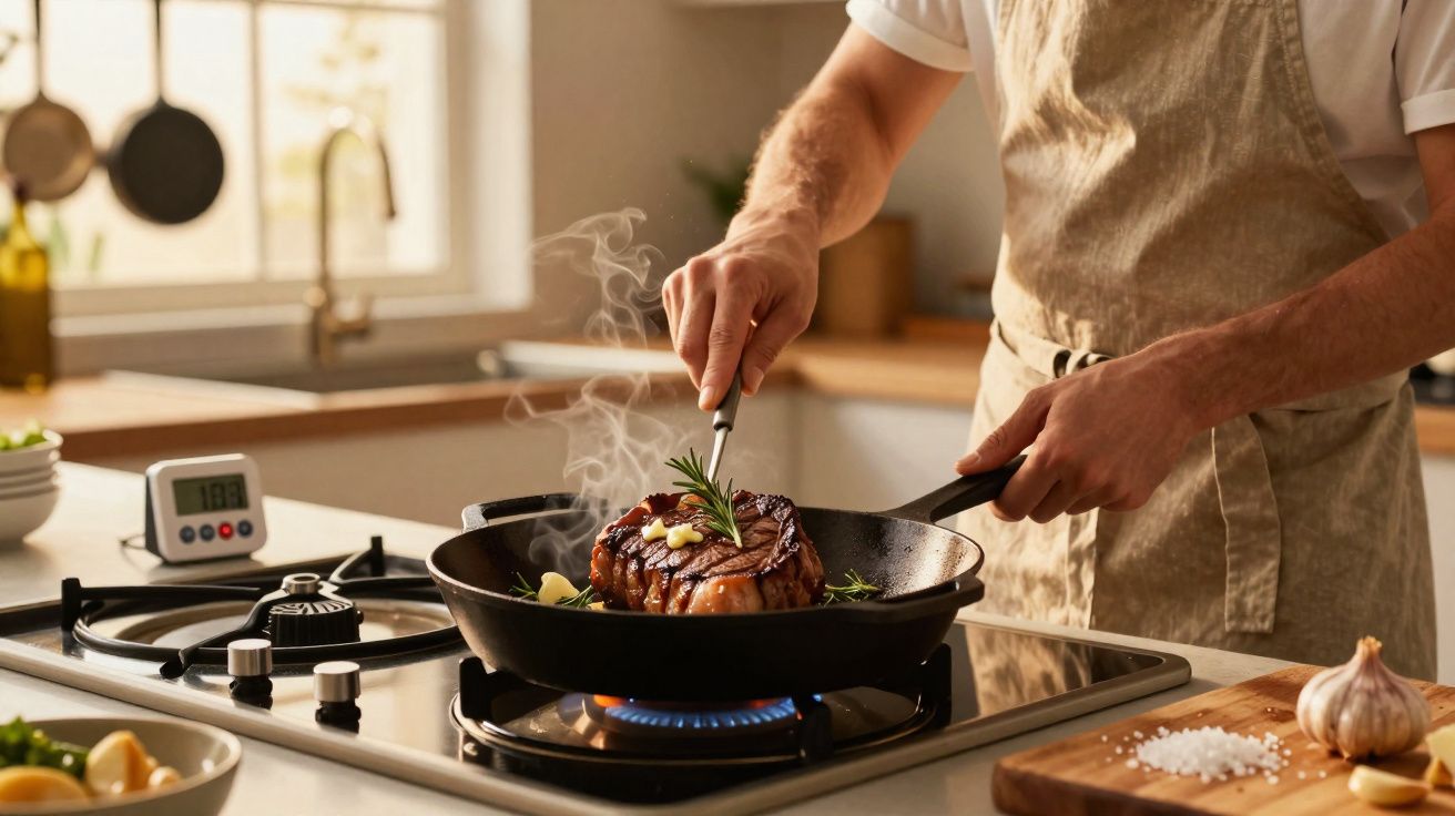 Pessoa tempera bife em frigideira em fogão a gás em cozinha iluminada com alho e sal na bancada.