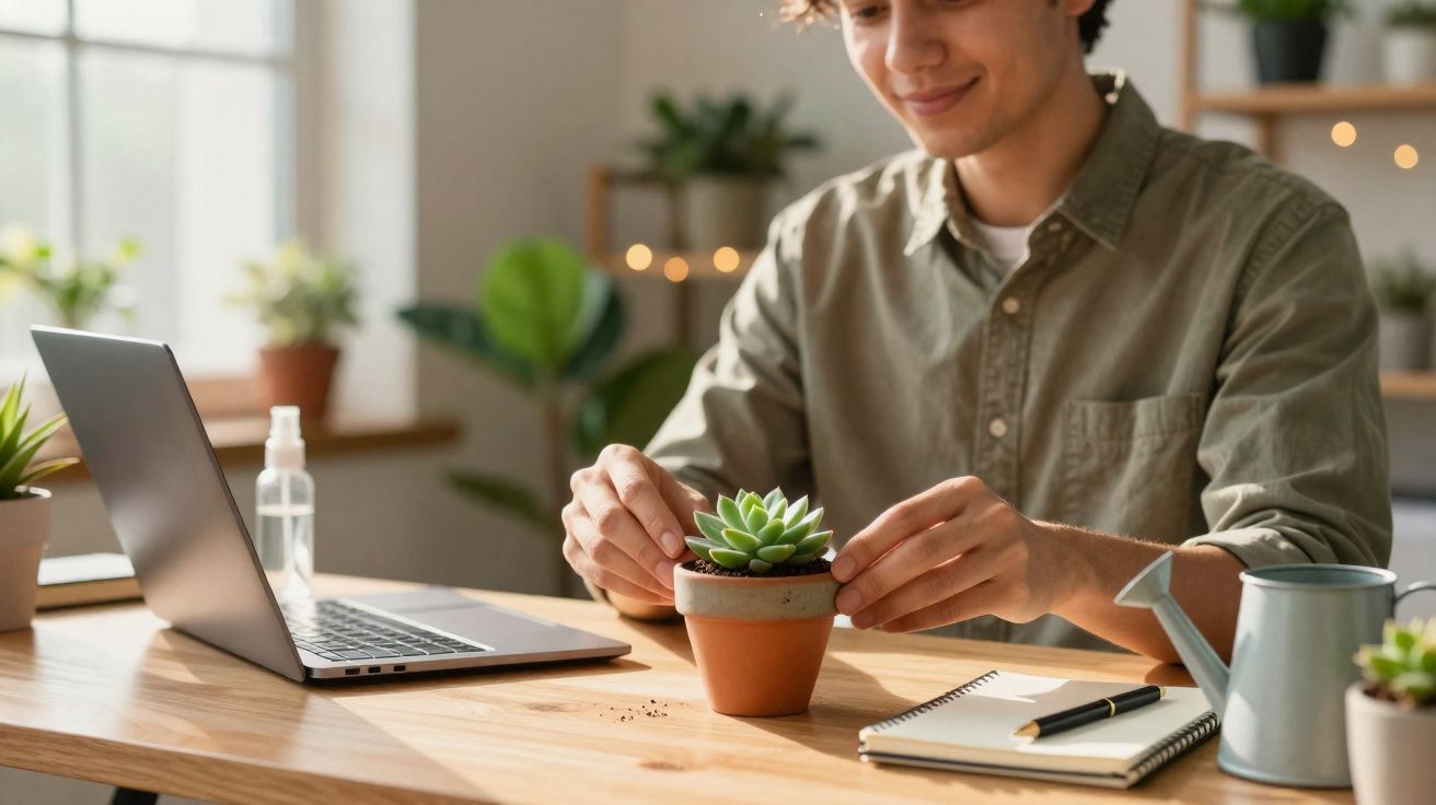 Homem cuidando de suculenta em vaso pequeno na mesa com laptop, caderno e regador em ambiente iluminado.