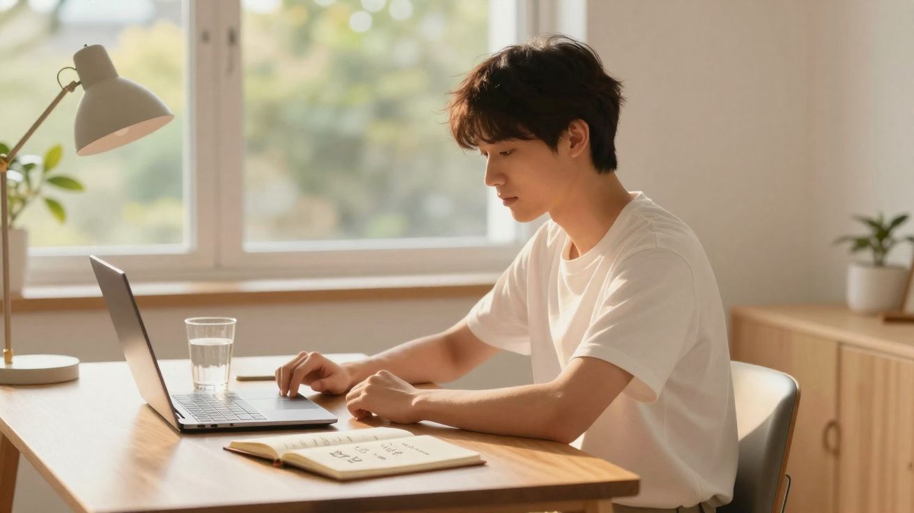 Jovem trabalhando em laptop com caderno aberto em mesa de madeira perto de janela iluminada.