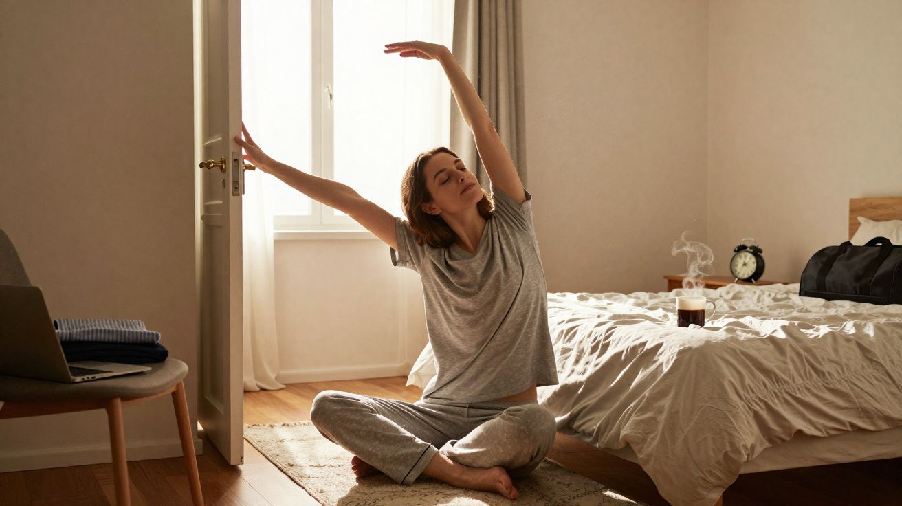 Mulher sentada no chão de um quarto, alongando os braços, com luz natural entrando pela janela.