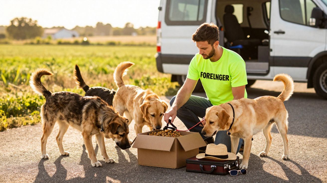 Homem alimenta quatro cães com saco e caixa de ração ao lado de van em estrada rural ao amanhecer.