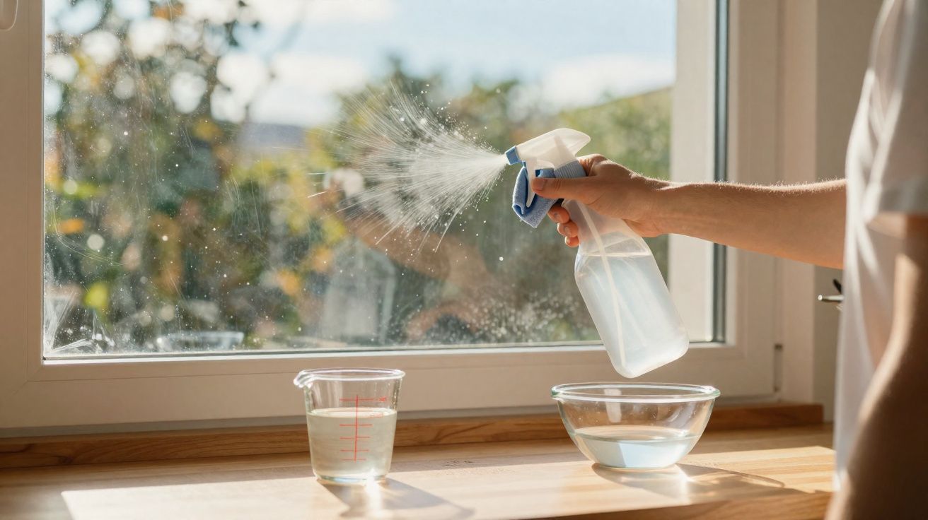 Pessoa borrifando solução de limpeza em janela com frascos e recipiente de vidro sobre bancada de madeira.