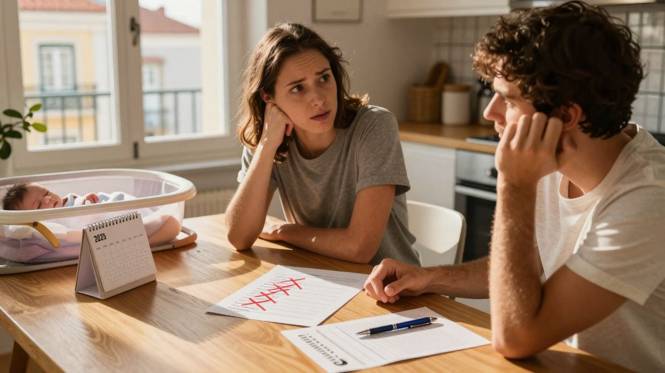 Jovem casal conversa preocupado na cozinha enquanto bebê dorme em moisés próximo à janela.